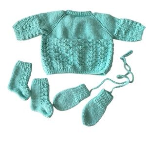 Mint Green Knit Baby Sweater Matching Set Mittens Socks Hat Cap